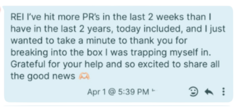 Sports nutrition client hitting a new PR after working with Reilly